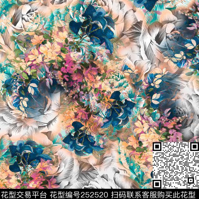 炫彩抽象花卉爆款散花数码印花华亿平台下载（图片编号: 252520） - 瓦栏（Walan）