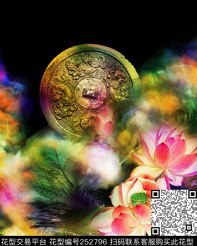 定位名族风中国风荷花烟雾黑底高贵华丽大气时尚定位数码印花华亿平台下载（图片编号: 252796） - 瓦栏（Walan）