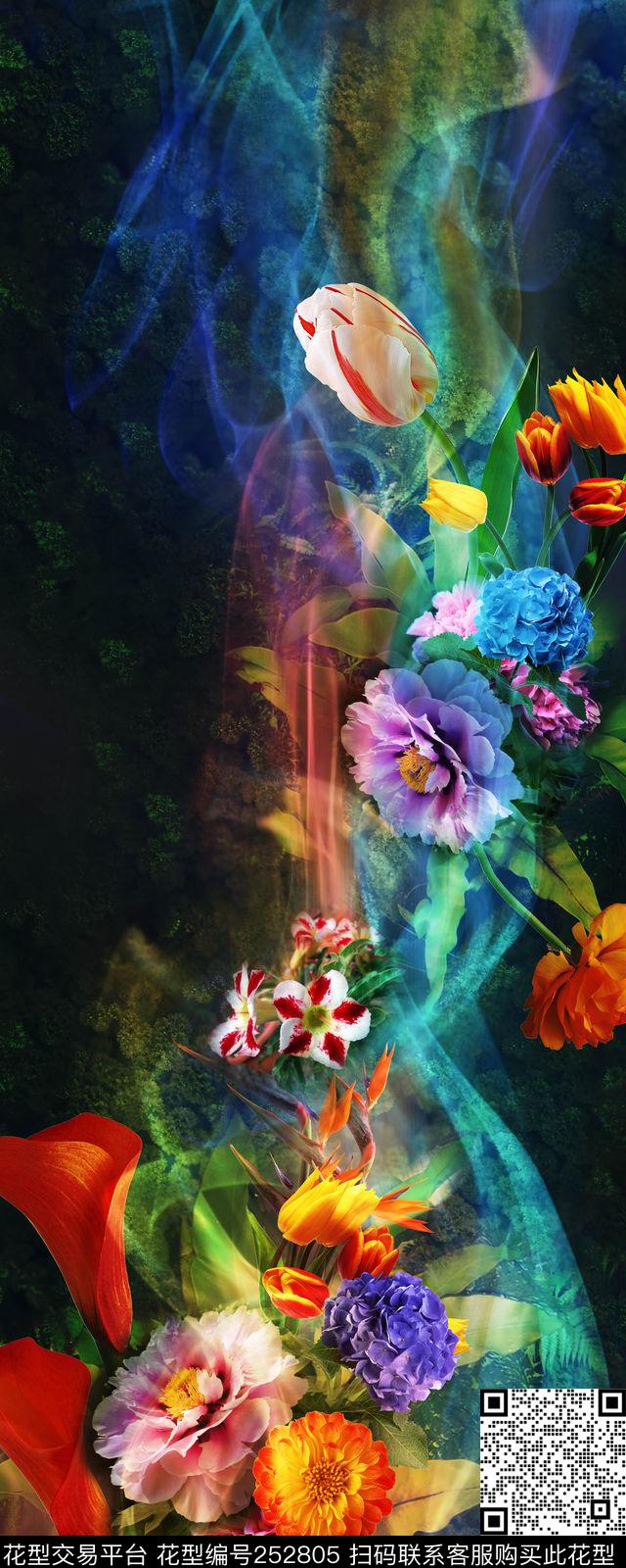 定位炫彩花卉烟雾黑底大气时尚定位数码印花华亿平台下载（图片编号: 252805） - 瓦栏（Walan）