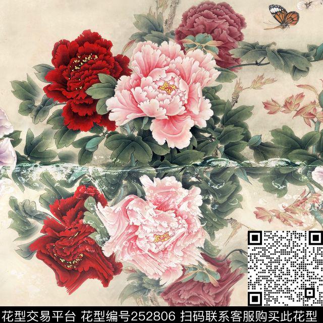 定位中国风工笔画牡丹清新淡雅时尚定位数码印花华亿平台下载（图片编号: 252806） - 瓦栏（Walan）