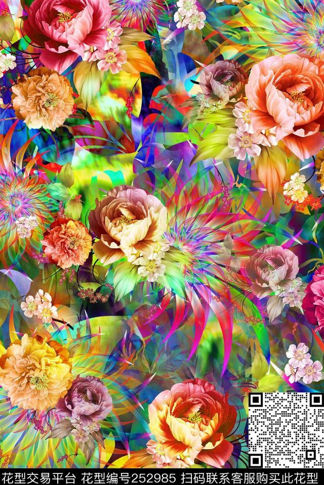 炫彩绚丽迷人花卉抽象华丽肌理花卉数码印花华亿平台下载（图片编号: 252985） - 瓦栏（Walan）