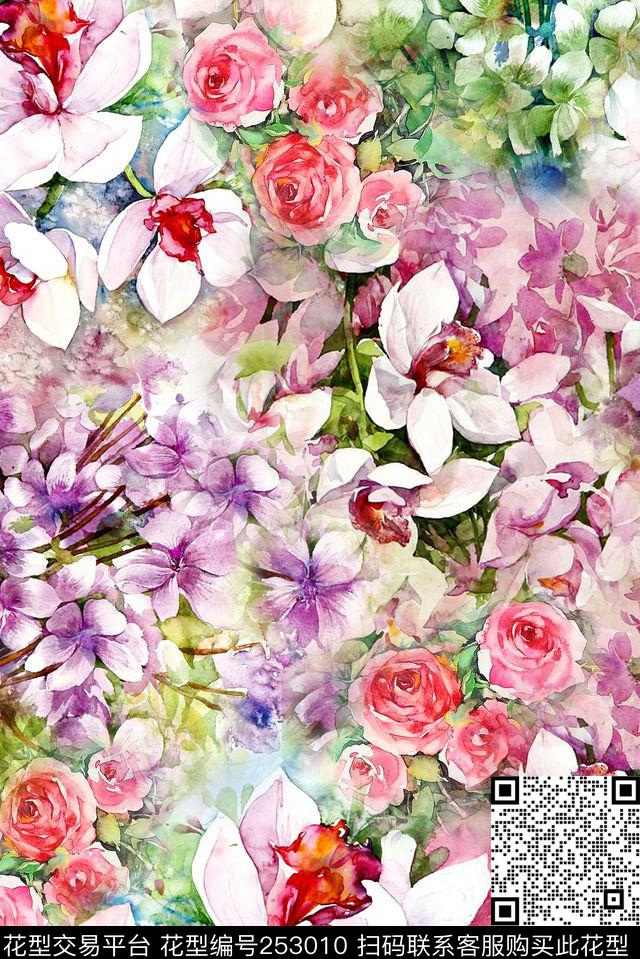 清新淡雅花卉水彩手绘花卉数码印花华亿平台下载（图片编号: 253010） - 瓦栏（Walan）
