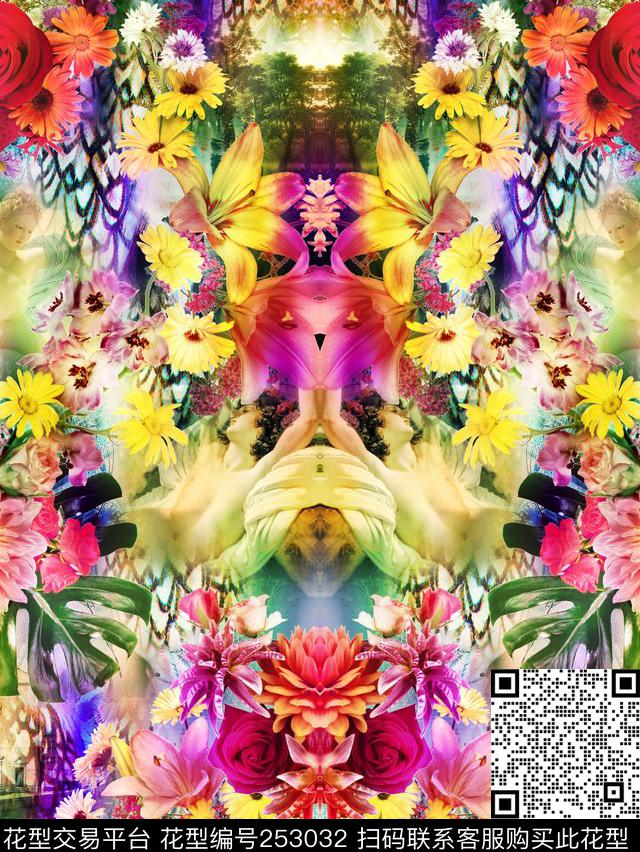 对称镜像花卉炫彩迷人花卉写实照片数码时尚定位数码印花华亿平台下载（图片编号: 253032） - 瓦栏（Walan）