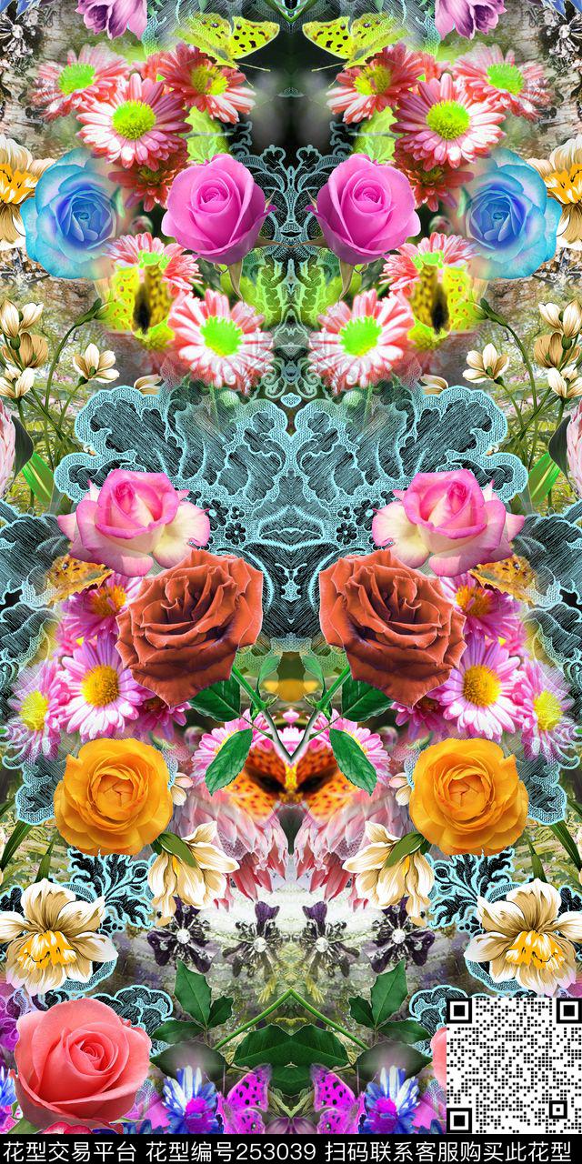 对称镜像花卉炫彩迷人花卉写实照片数码时尚定位数码印花华亿平台下载（图片编号: 253039） - 瓦栏（Walan）