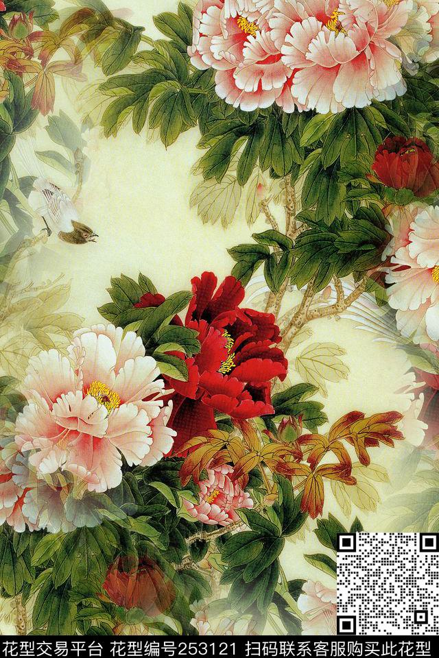 中国风工笔画牡丹数码印花华亿平台下载（图片编号: 253121） - 瓦栏（Walan）