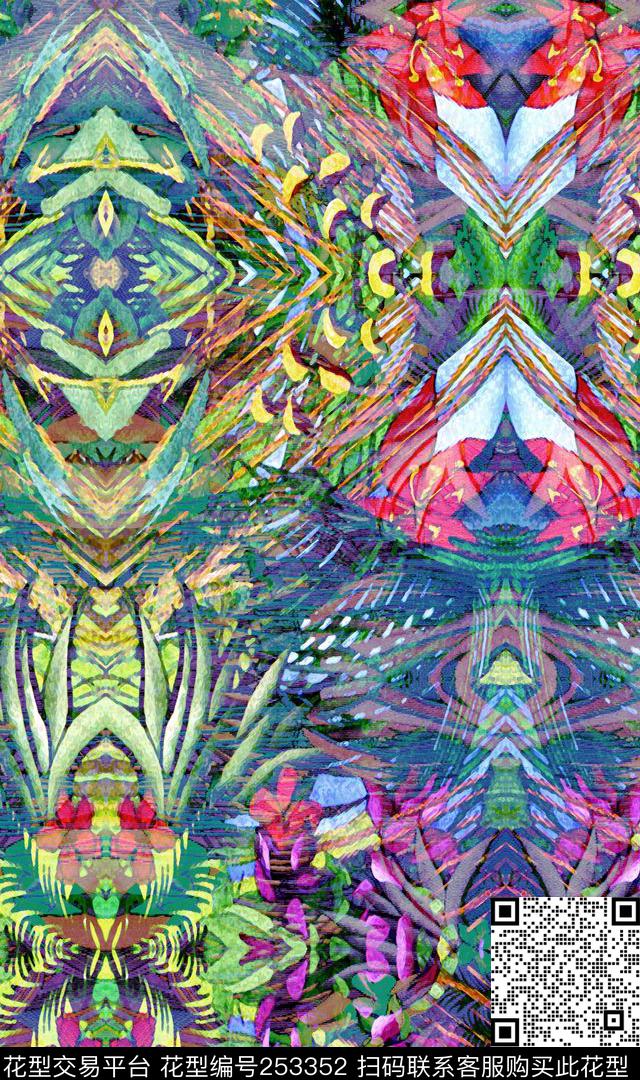 热带风情芭蕉对称镜像植物花卉民族风数码印花华亿平台下载（图片编号: 253352） - 瓦栏（Walan）