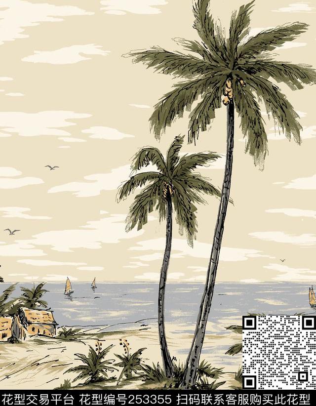 热带风情椰树植物风景数码印花华亿平台下载（图片编号: 253355） - 瓦栏（Walan）