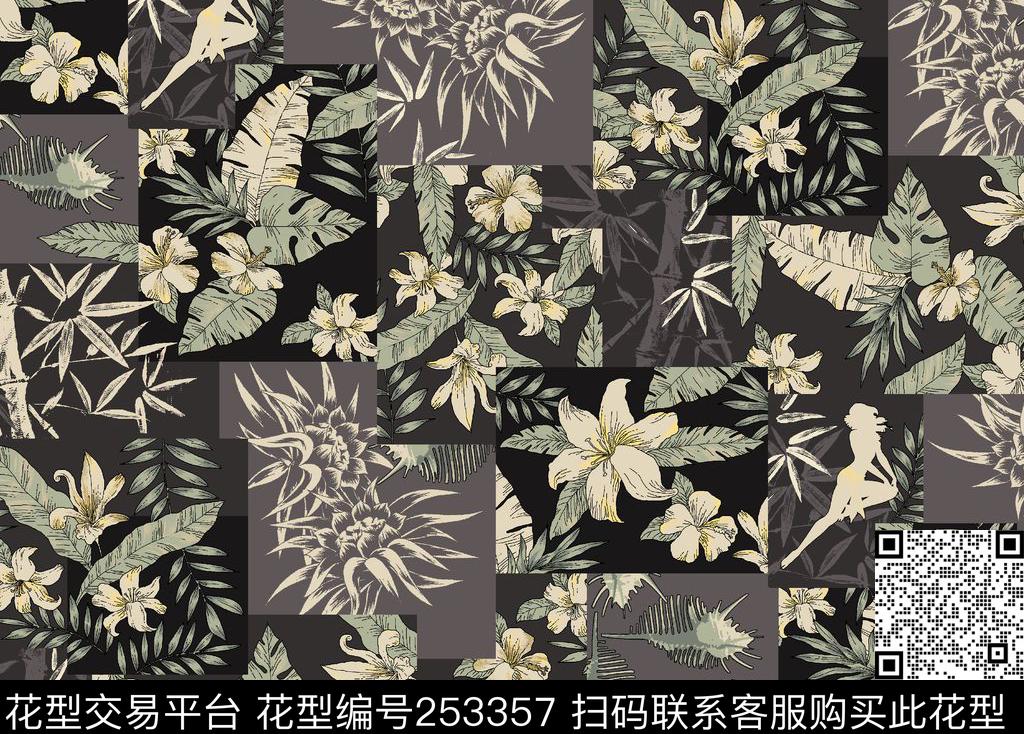 热带植物花卉方块数码印花华亿平台下载（图片编号: 253357） - 瓦栏（Walan）