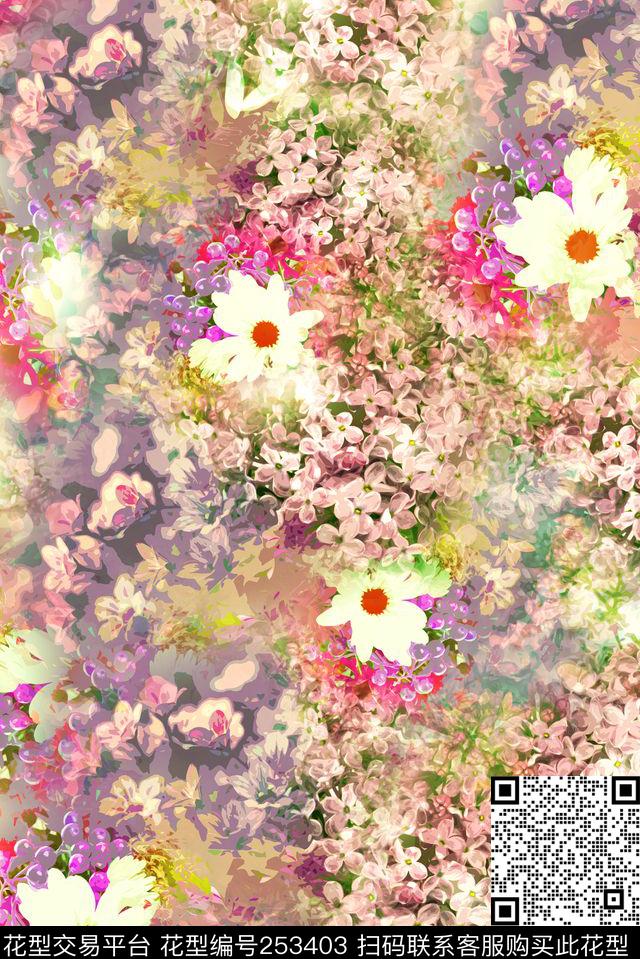 朦胧花卉温馨淡雅花团满簇数码印花华亿平台下载（图片编号: 253403） - 瓦栏（Walan）