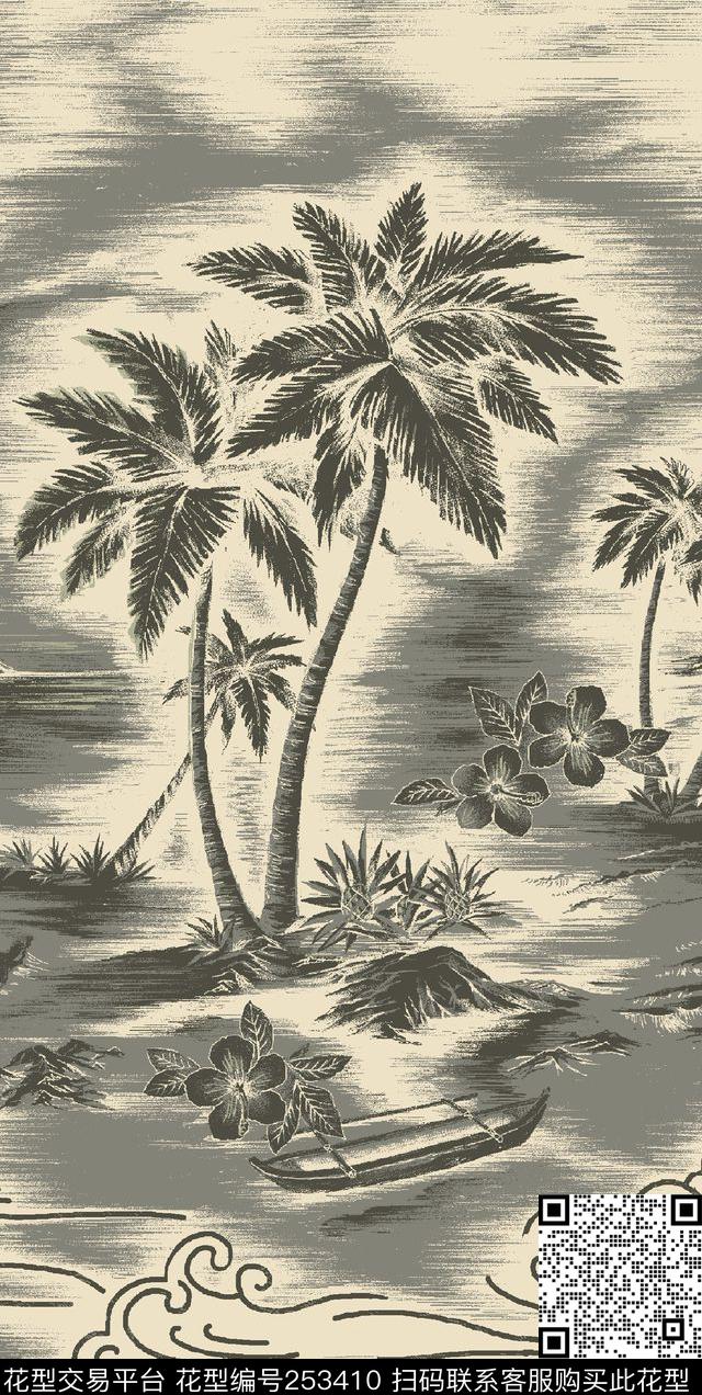 热带风情椰树植物风景版画效果复古传统印花华亿平台下载（图片编号: 253410） - 瓦栏（Walan）