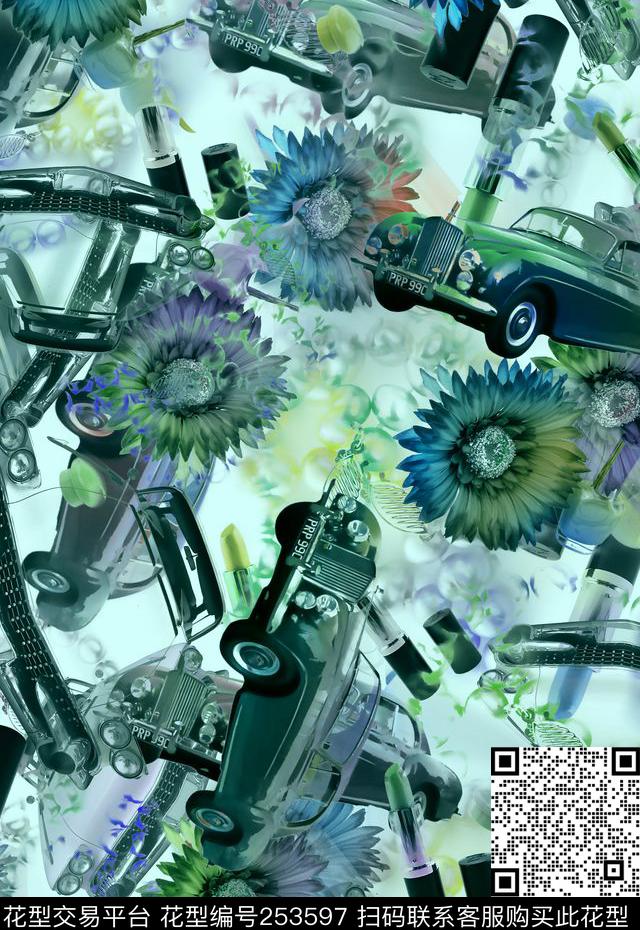 花卉花朵汽车唇膏珠宝宝石混搭花卉组合数码印花华亿平台下载（图片编号: 253597） - 瓦栏（Walan）