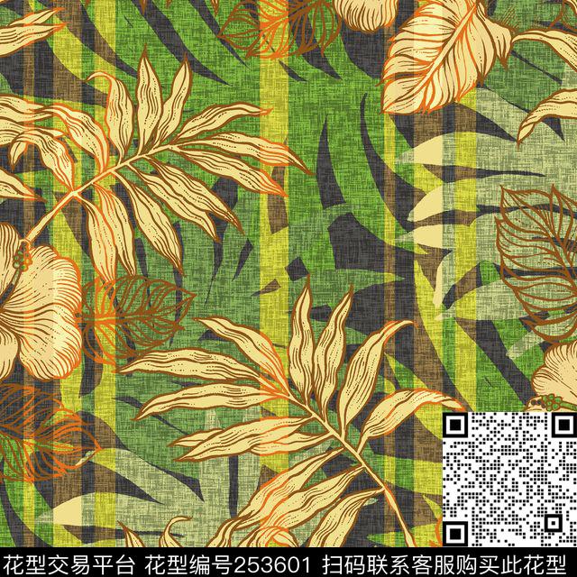 花卉热带风情条纹绿色植物传统印花华亿平台下载（图片编号: 253601） - 瓦栏（Walan）