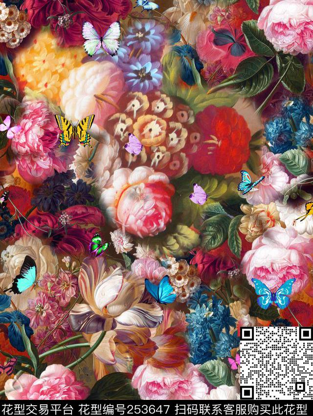 油画花卉复古古典满底欧式蝴蝶花卉数码印花华亿平台下载（图片编号: 253647） - 瓦栏（Walan）