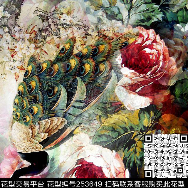 方框方巾孔雀花卉中国风数码印花华亿平台下载（图片编号: 253649） - 瓦栏（Walan）