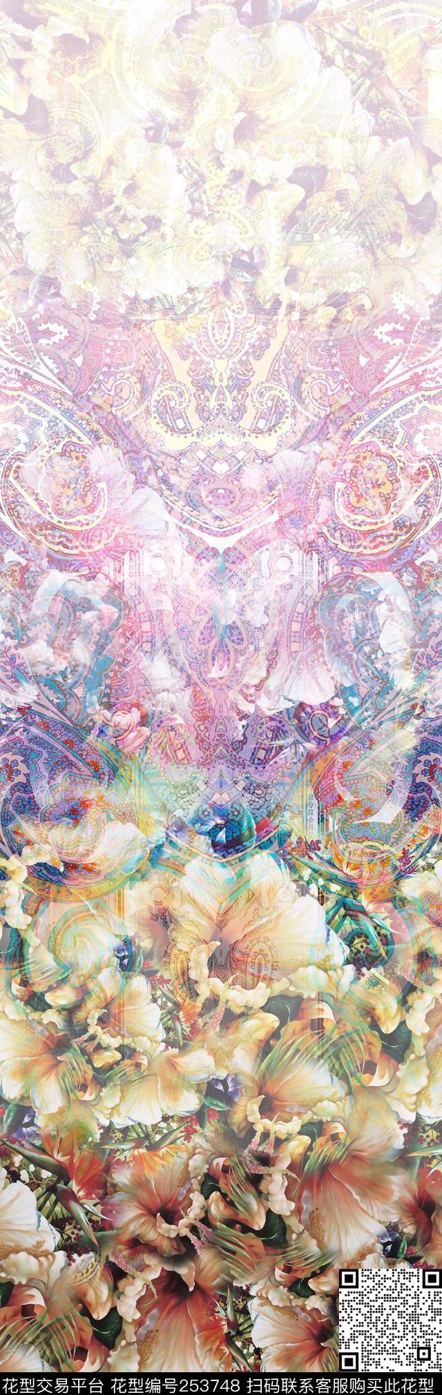 定位欧式花卉多彩渐变佩里斯腰果花卉定位数码印花华亿平台下载（图片编号: 253748） - 瓦栏（Walan）