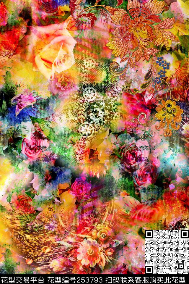 多彩花卉照片写实迷人炫彩蕾丝数码印花华亿平台下载（图片编号: 253793） - 瓦栏（Walan）
