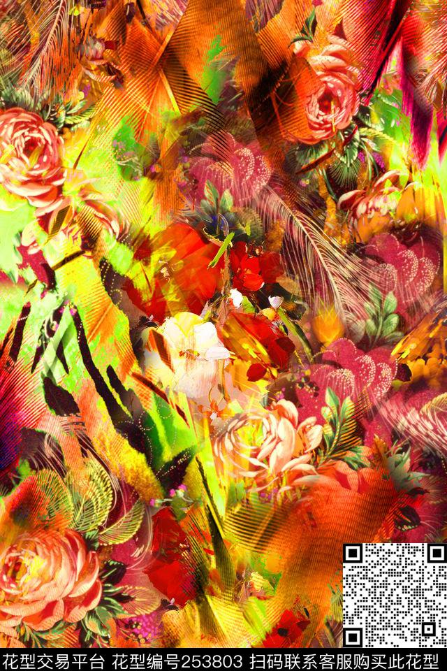 多彩花卉照片写实迷人炫彩羽毛数码印花华亿平台下载（图片编号: 253803） - 瓦栏（Walan）
