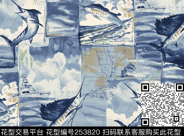 海洋鱼类动物插画拼贴数码印花华亿平台下载（图片编号: 253820） - 瓦栏（Walan）