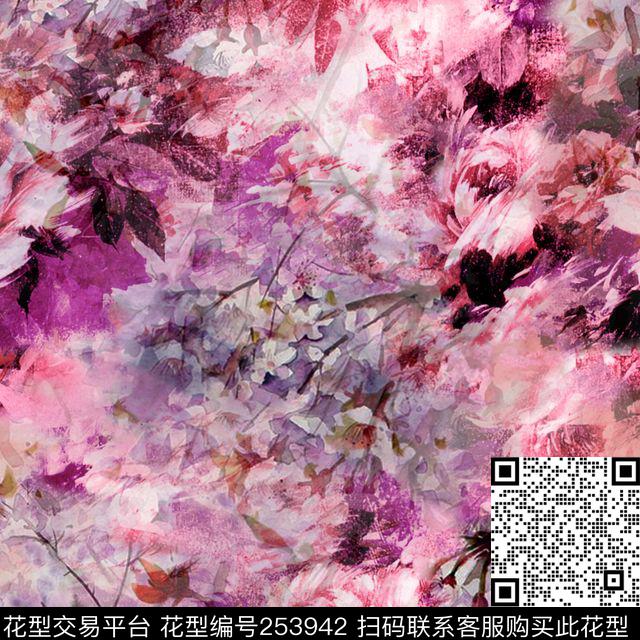 迷人水彩花卉朦胧花卉数码印花华亿平台下载（图片编号: 253942） - 瓦栏（Walan）