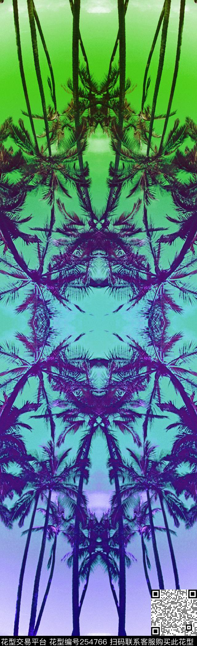 镜像对称热带风情椰树植物风景渐变休闲抽象数码印花华亿平台下载（图片编号: 254766） - 瓦栏（Walan）