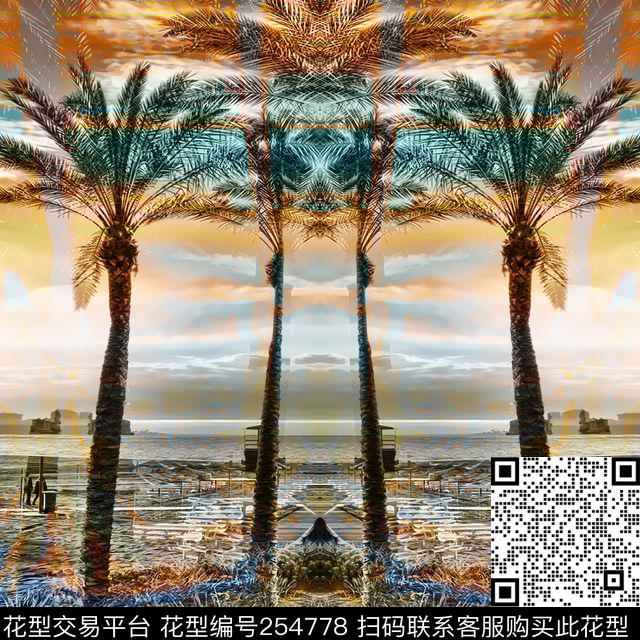 镜像对称热带风情椰树植物方巾风景休闲抽象数码印花华亿平台下载（图片编号: 254778） - 瓦栏（Walan）