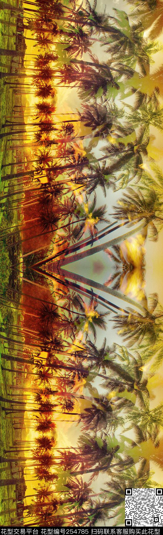 镜像对称热带风情椰树植物长巾风景休闲抽象数码印花华亿平台下载（图片编号: 254785） - 瓦栏（Walan）