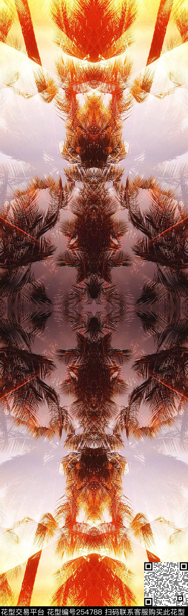 镜像对称热带风情椰树植物长巾休闲抽象数码印花华亿平台下载（图片编号: 254788） - 瓦栏（Walan）