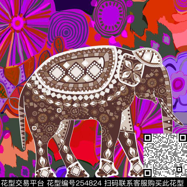 边框插画个性大象装饰效果方巾数码印花华亿平台下载（图片编号: 254824） - 瓦栏（Walan）