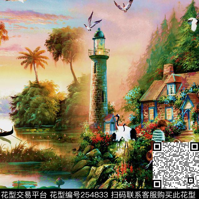 边框风景油画方巾数码印花华亿平台下载（图片编号: 254833） - 瓦栏（Walan）