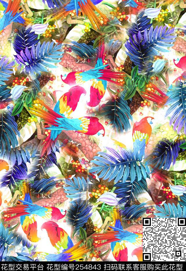 多彩清新热带风情丛林鹦鹉鸟花卉热带数码印花华亿平台下载（图片编号: 254843） - 瓦栏（Walan）