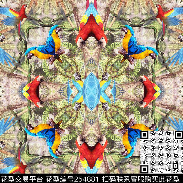 热带风情椰子树植物对称镜像鹦鹉鸟方巾休闲抽象数码印花华亿平台下载（图片编号: 254881） - 瓦栏（Walan）