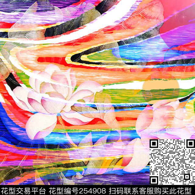抽象几何色块荷花笔触水彩花卉休闲数码印花华亿平台下载（图片编号: 254908） - 瓦栏（Walan）