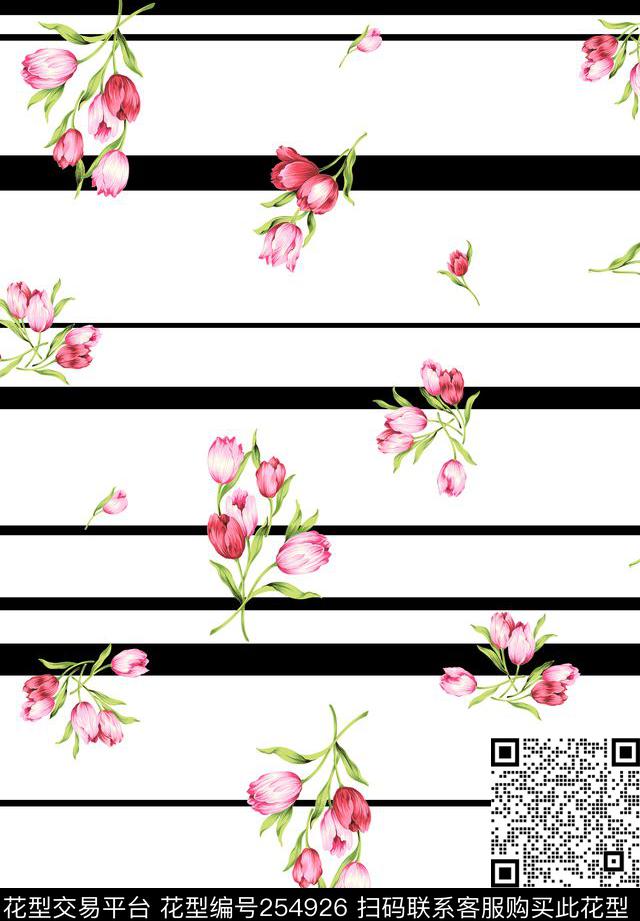 清雅条子花卉传统印花华亿平台下载（图片编号: 254926） - 瓦栏（Walan）