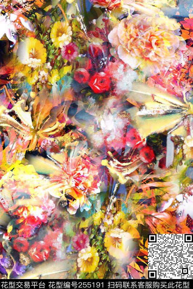 迷人花卉炫彩数码肌理多彩数码印花华亿平台下载（图片编号: 255191） - 瓦栏（Walan）