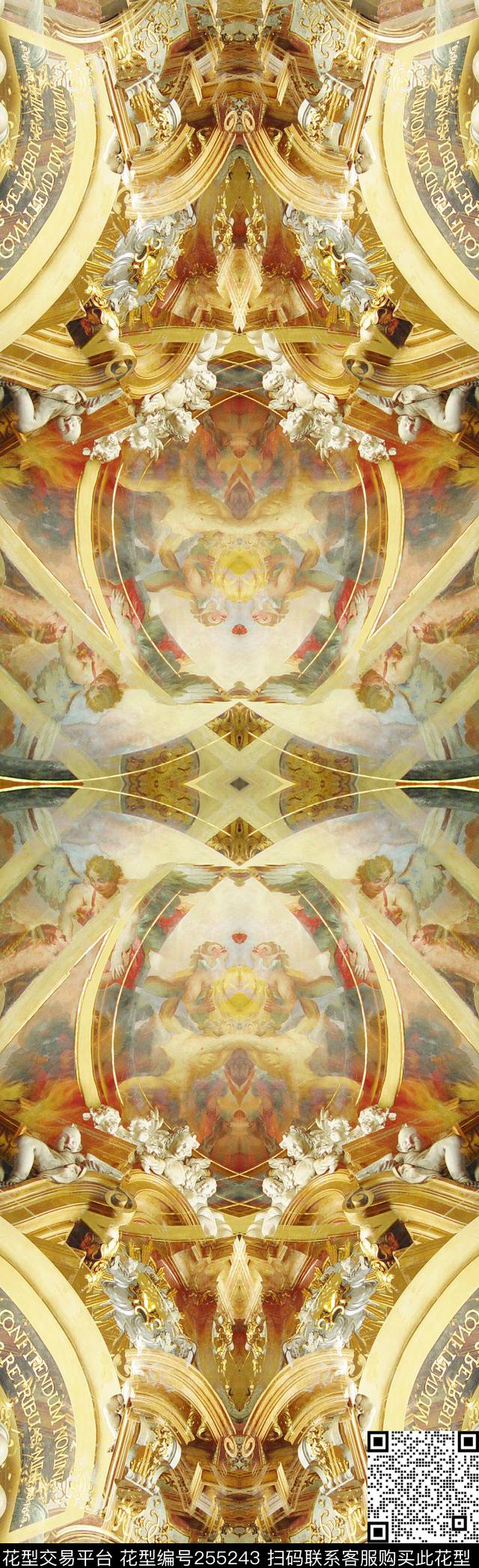 对称镜像欧式宫廷建筑华丽长巾奢华抽象怀旧数码印花华亿平台下载（图片编号: 255243） - 瓦栏（Walan）