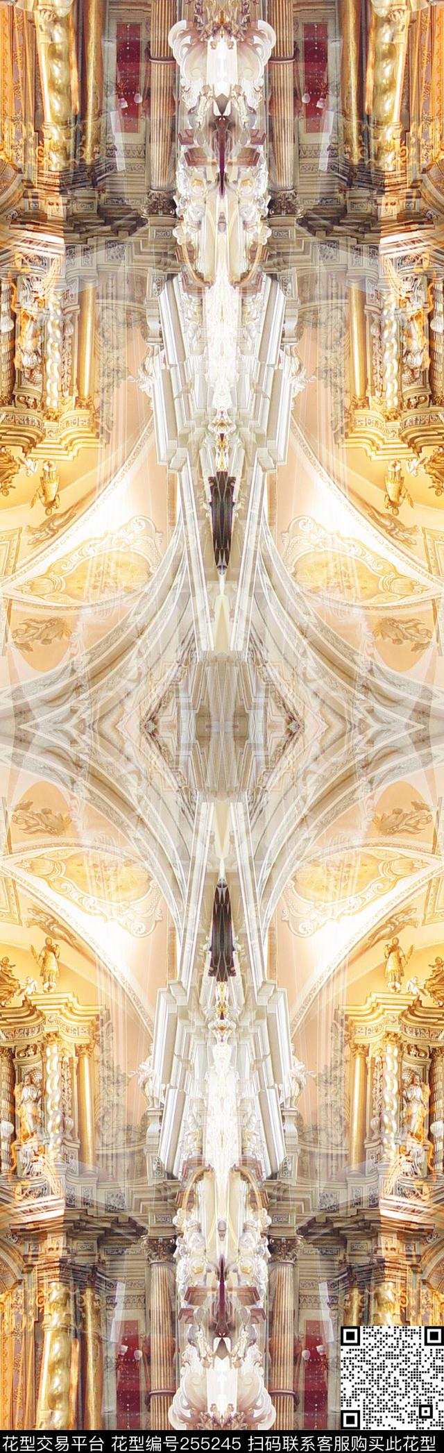 对称镜像欧式宫廷建筑华丽长巾奢华抽象怀旧数码印花华亿平台下载（图片编号: 255245） - 瓦栏（Walan）