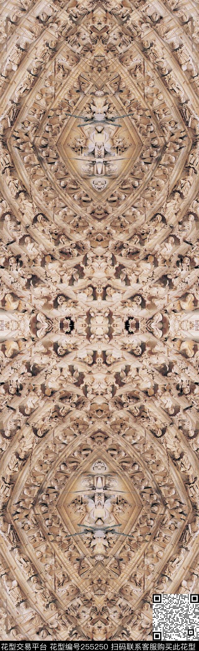 对称镜像中国寺庙雕塑建筑华丽长巾奢华抽象怀旧数码印花华亿平台下载（图片编号: 255250） - 瓦栏（Walan）