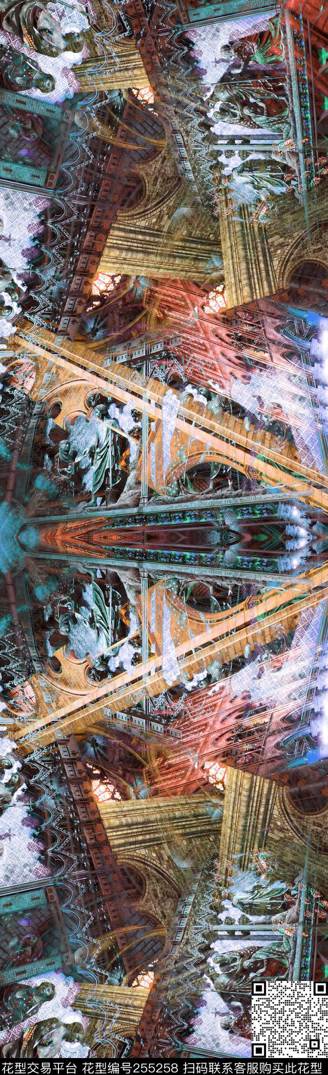 对称镜像欧式宫廷建筑华丽长巾奢华休闲怀旧数码印花华亿平台下载（图片编号: 255258） - 瓦栏（Walan）