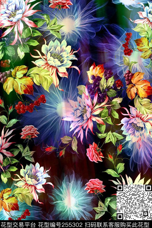 迷人花卉炫彩数码渐变多彩花卉数码印花华亿平台下载（图片编号: 255302） - 瓦栏（Walan）