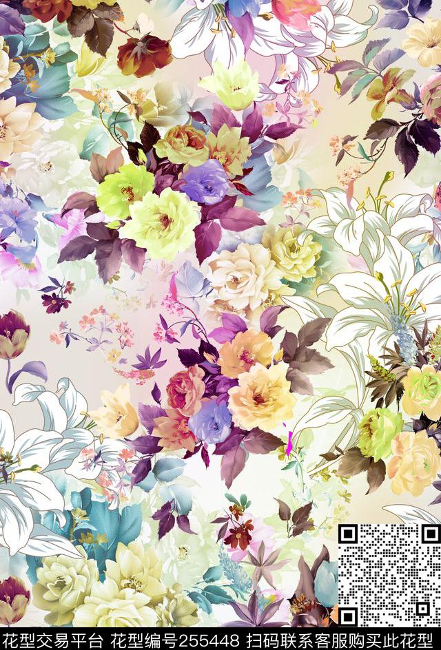 清新淡雅白底花卉水彩花卉数码印花华亿平台下载（图片编号: 255448） - 瓦栏（Walan）