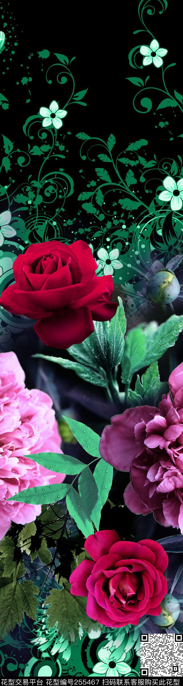 定位写实照片花卉黑底时尚定位数码印花华亿平台下载（图片编号: 255467） - 瓦栏（Walan）