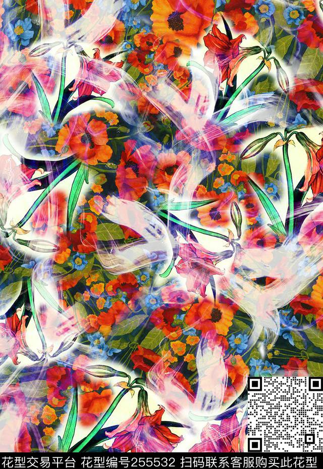 多彩花卉光感光线迷人花卉数码印花华亿平台下载（图片编号: 255532） - 瓦栏（Walan）