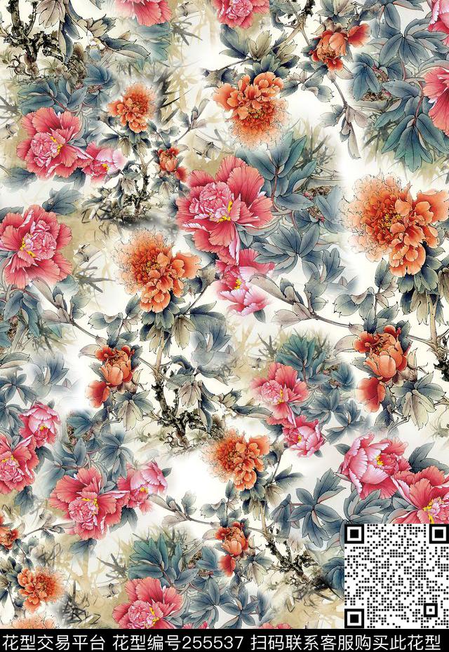 工笔画中国风牡丹写意小花清新淡雅花卉数码印花华亿平台下载（图片编号: 255537） - 瓦栏（Walan）