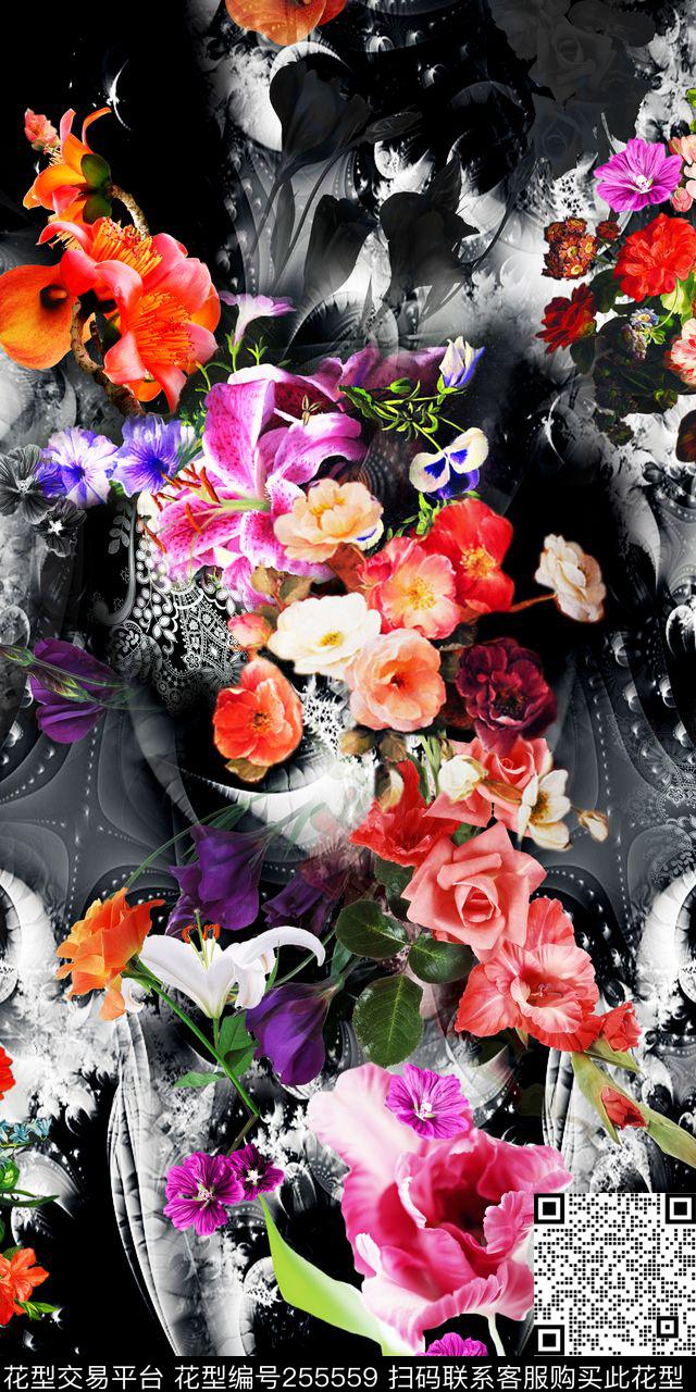 迷人花卉炫彩数码写实照片多彩满底高贵数码印花华亿平台下载（图片编号: 255559） - 瓦栏（Walan）