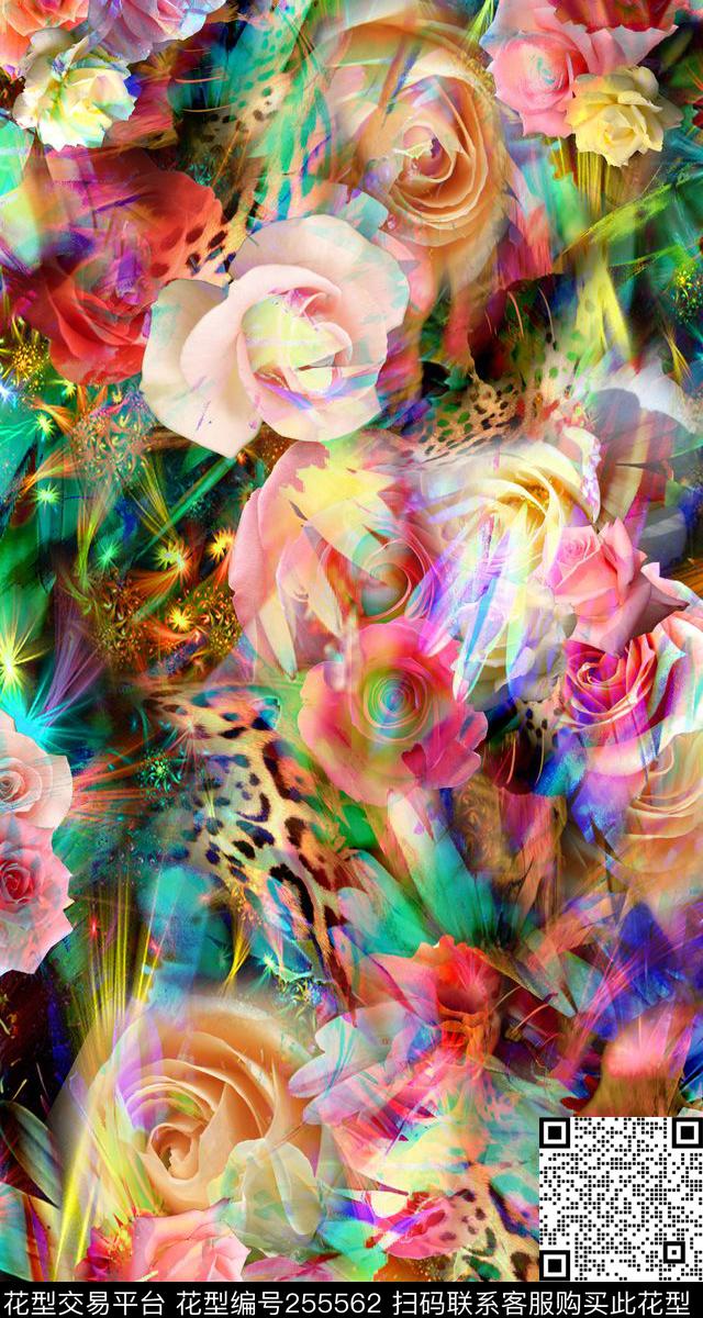 迷人花卉炫彩数码写实照片多彩满底豹纹光感光线数码印花华亿平台下载（图片编号: 255562） - 瓦栏（Walan）