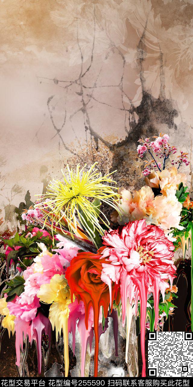 滴状花卉独幅时尚定位数码印花华亿平台下载（图片编号: 255590） - 瓦栏（Walan）