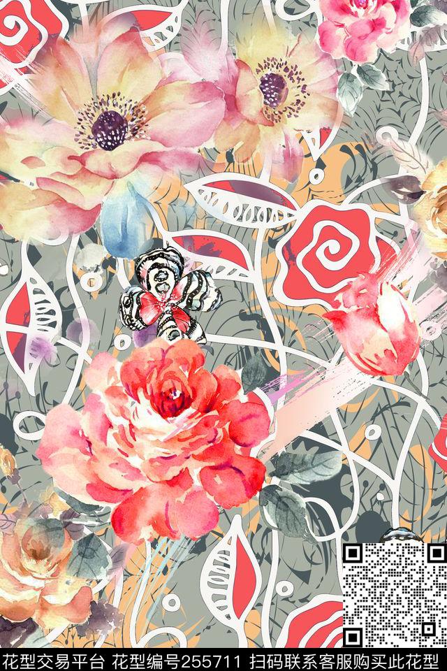 复古花卉插画三毛——花卉数码印花华亿平台下载（图片编号: 255711） - 瓦栏（Walan）