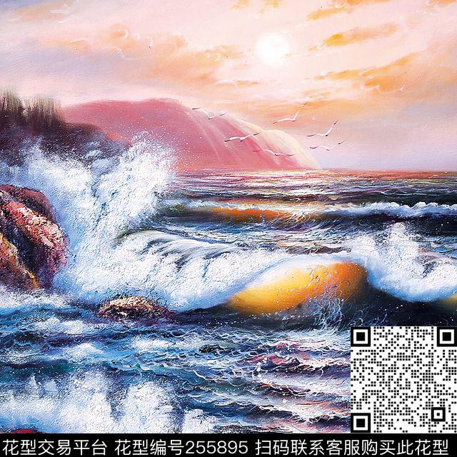 边框油画风景海景海浪方巾知性方巾数码印花华亿平台下载（图片编号: 255895） - 瓦栏（Walan）