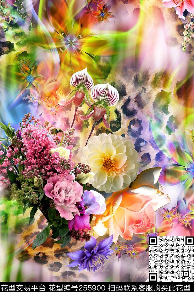 迷人多彩花卉豹纹渐变光感花卉数码印花华亿平台下载（图片编号: 255900） - 瓦栏（Walan）