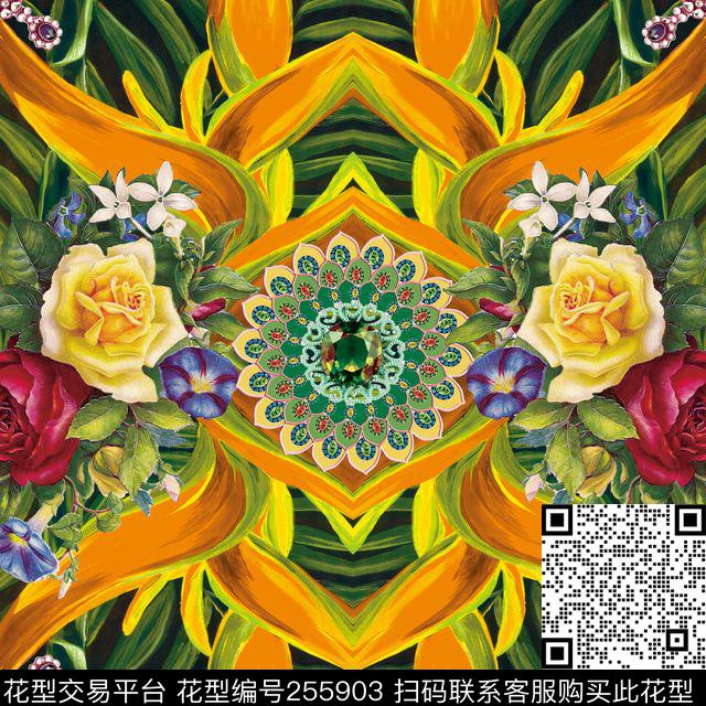 花卉对称镜像数码知性方巾数码印花华亿平台下载（图片编号: 255903） - 瓦栏（Walan）